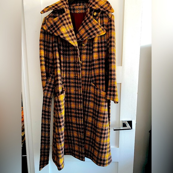 Price firm 70s VINTAGE Wool plaid tweed wide lapel belted trench pea tailored - Picture 9 of 14